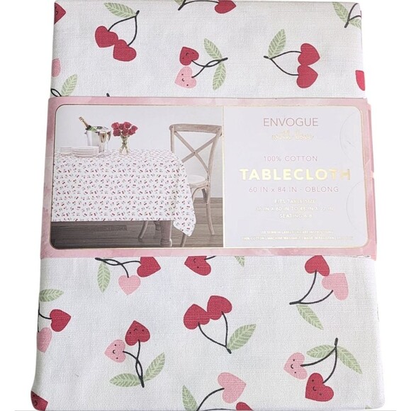 Envogue Shabby Chic Hearts And Cherries Design Cotton Tablecloth 60x84in Oblong - Picture 4 of 8